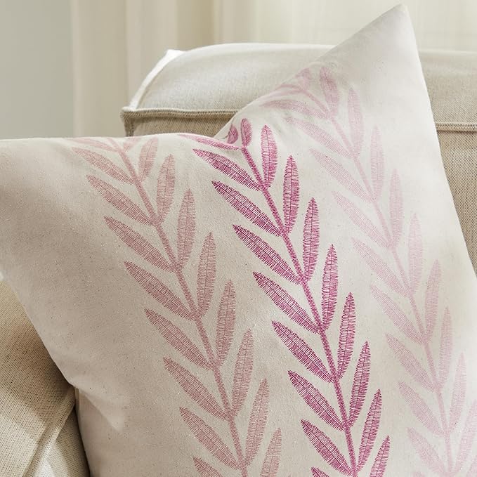 100% Cotton Farmhouse Leaves Throw Pillow Covers Set of 2, 18x18 Inch Mixed Pink Pastoral Decorative Print Cushion Covers for Sofa Bed Living Room Home Decor