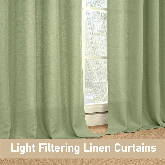 LAMIT Sage Green Linen Textured Curtains for Bedroom, Grommet Thermal Insulated Thick Natural Curtains Noise Reducing Window Treatment Drapes for Living Room/Kitchen, Set of 2 Panels, W52 x L90