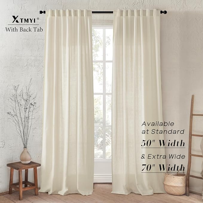 XTMYI Country Curtains for Living Room,96 Inches Long Beige Sheer Linen Shabby Chic Curtains for Bedroom