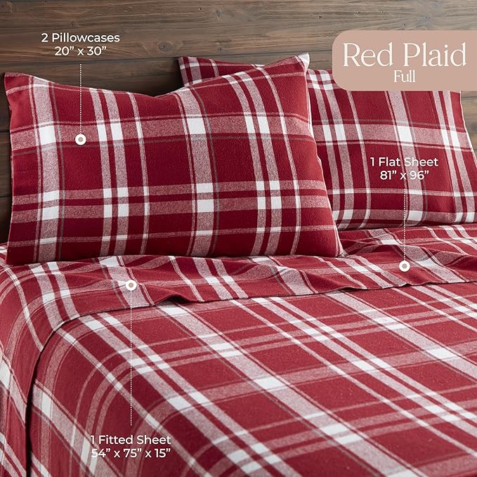 100% Organic Flannel Sheets Full Size - GOTS Certified 100% Cotton Flannel Sheets Set with Comfortable Soft Brushed Finish & Deep Pocket - 1 Flat 1 Fitted & 2 Pillowcases (Plaid, Full)