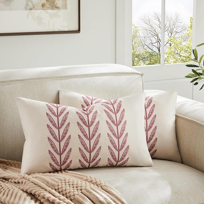 100% Cotton Farmhouse Leaves Lumbar Throw Pillow Covers Set of 2, 12x20 Inch Burgundy Pastoral Decorative Print Cushion Covers for Sofa Bed Living Room Home Decor