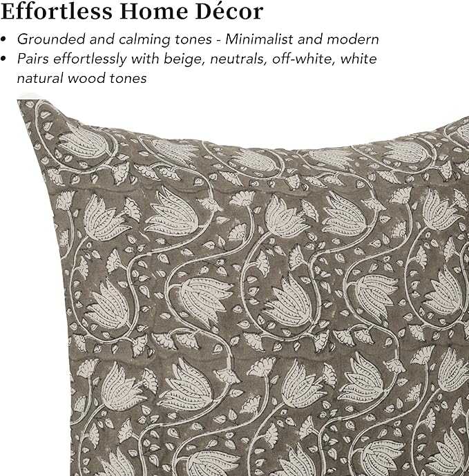 Handmade Block Print 100% Thick Cotton 20 x 20 inch Throw Pillow Cushion Cover with Zipper - Pillowcase for Bedroom, livingroom, Couch, Sofa, Outdoor, Chair, Bed, Home Décor-Sansa (Grey 1)