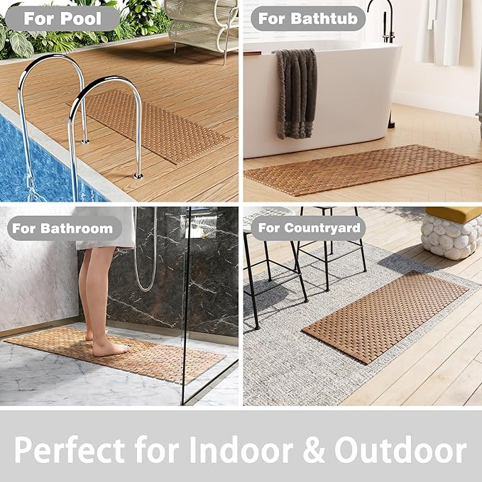 47"x20" Non-Slip Shower Mat for Bathroom, Teak Wood Bath Mat, Large Quick-Dry Floor Mats for Bathtub or Spa, Outdoor
