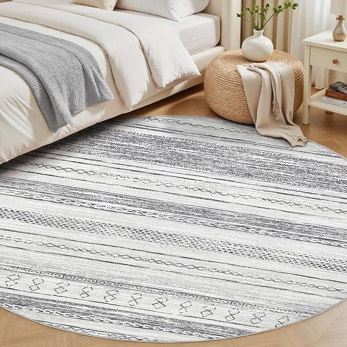 Tortania 8' Round Area Rug Living Room Rugs - Washable Large Soft Neutral Boho Moroccan Bohemian Farmhouse Rug Indoor Floor Carpet for Bedroom Under Dining Table Home Office Decor - Grey