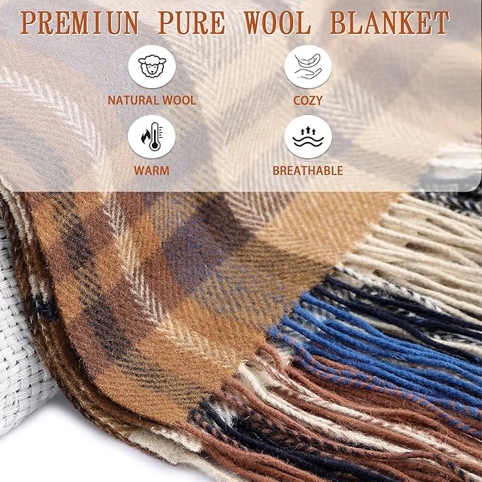 Soft Pure Wool Throw Blanket, Lightweight Warmth, 55"x83", Plaid, Fringe, Compact with Bag, Useful Gift for Women Men, All Season Decorative Cozy Travel Blanket for Couch Bed, Outdoors