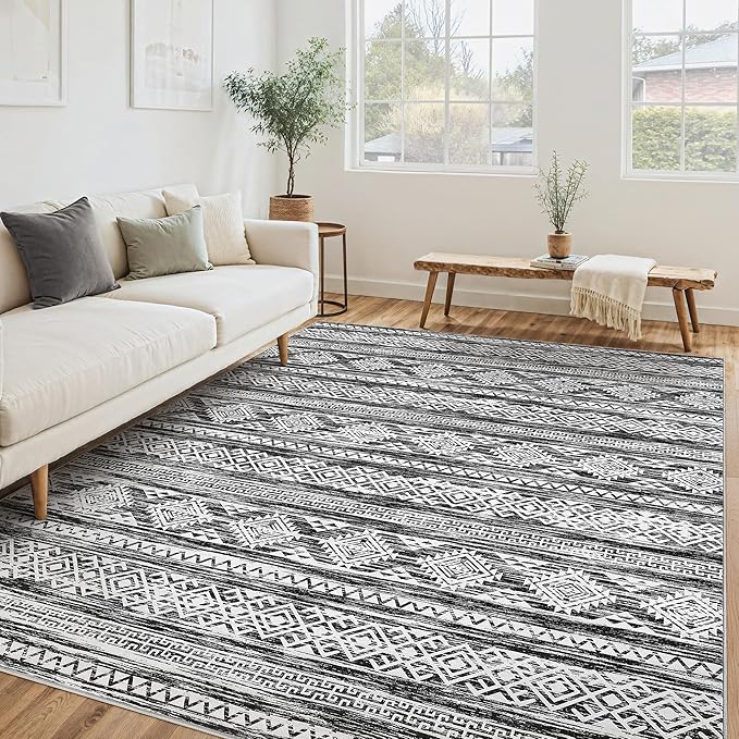 Tortania Area Rug Living Room Rugs - 5x7 Washable Large Soft Neutral Boho Moroccan Bohemian Farmhouse Rug Indoor Floor Carpet for Bedroom Under Dining Table Home Office Decor - Black White