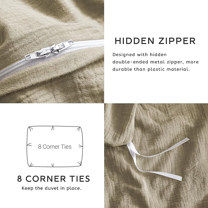 SE SOFTEXLY Muslin Duvet Cover King Size, 100% Washed Cotton Duvet Cover Set, Ultra Soft Comforter Cover Linen Like, 3 Pieces Minimalist Gauze Duvet Cover with 2 Pillowcases, 90"x104", Oatmeal
