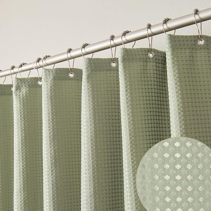 Sage Green Shower Curtain, 256GSM Heavy Duty Waffle Woven, Thick Fabric Shower Curtain for Bathroom, with 12 Stainless Steel Hooks, 72 x 72 inch, Green