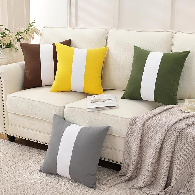 TAOSON Set of 2, Gray 100% Cotton Canvas Patchwork Throw Pillow Covers 18x18 Inch, Modern White Striped Farmhouse Decor Cushion Covers for Sofa Couch Bedroom Living Room