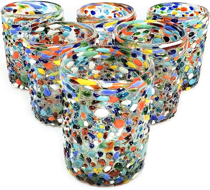 Confetti Rocks 10 oz Tumbler Glasses (set of 6) | Hand Blown Drinking Glasses, Multicolor Mexican Glassware Tumblers for Water, Juice, Margaritas & Cocktails | Lead-free, Toxin-Free