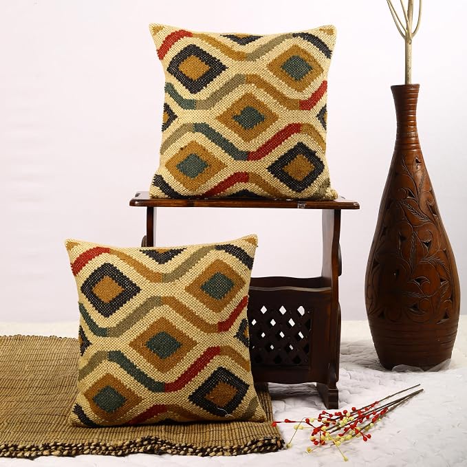 Trade Star 70% Jute 30% Wool Throw Cushion Cover Decorative Pillow Highly Durable Quality Handwoven Cushion Case Rug Pillowcase Set of 2 Kilim Pillow Cover Thick Rug Designer Case