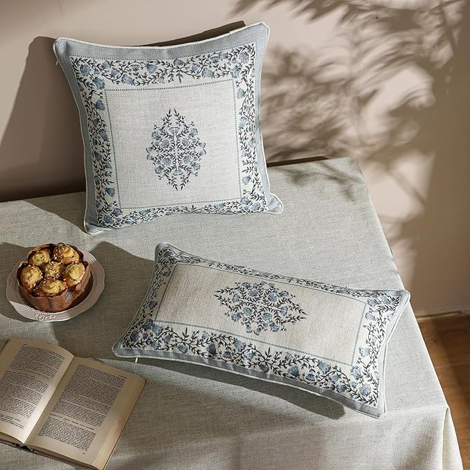 ISAENNE Design Linen Rectangle Throw Pillow Covers 12"x20" Pack of 2, Cottage Farmhouse Cushion Covers with Thorn Vine Pattern Decoration Pillowcases for Bed, Living Room, Outdoor, Car
