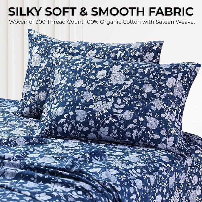 AZORES HOME Queen Organic Cotton Sateen Sheet Set - Deep Pocket, 300 Thread Count, 4-Piece Luxury Bedding, Kate Dark Blue