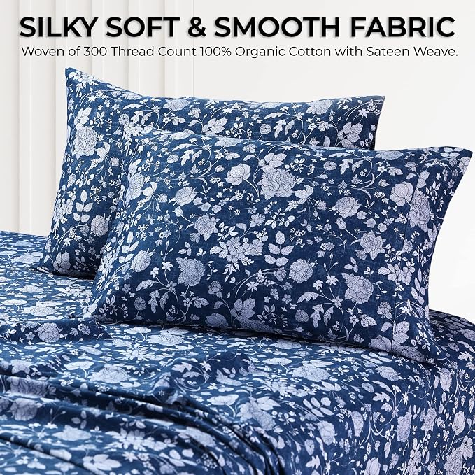AZORES HOME California King Organic Cotton Sateen Sheet Set - Deep Pocket, 300 Thread Count, 4-Piece Luxury Bedding, Kate Dark Blue