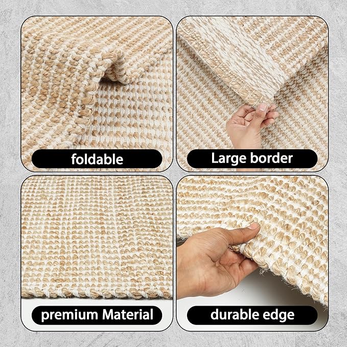 6' x 9' Jute & Wool Mini Check Area Rug with 4-Inch Border | Handwoven, Pile - 0.6"| Living Room, Dining & Bedroom Rug, Neutral Indoor Natural Farmhouse Décor (6' x 9')