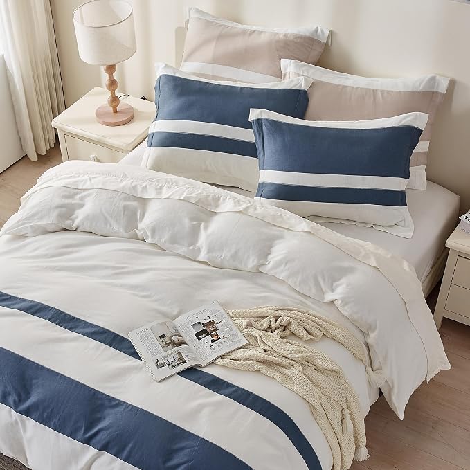Simple&Opulence French Linen Duvet Cover Set with Stripe 88”x92”, 3 Pieces(1 Comforter Cover and 2 Pillow Shams) Rustic Natural Flax Cotton Blend(Queen,White and Navy)
