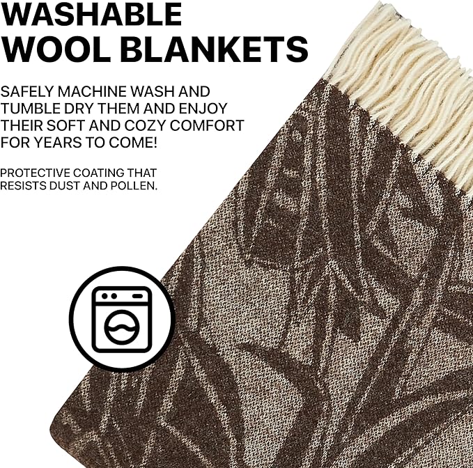 | Wool Blanket/Throw | 100% New Zealand Wool | Perfect for Home and Outdoors | Virgin Wool Blanket with Fringes 55"x79" (140 x 200 cm) (Brown Leaves)