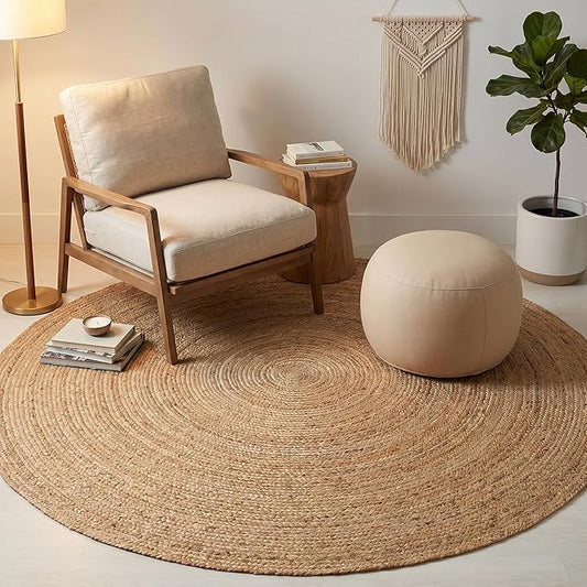THE BEER VALLEY Jute Braided Area Rug 6 Feet Round - Natural | Reversible Handwoven Circle Rug for Living Room, Bedroom, Nursery - Large Farmhouse Indoor Décor Floor Mat