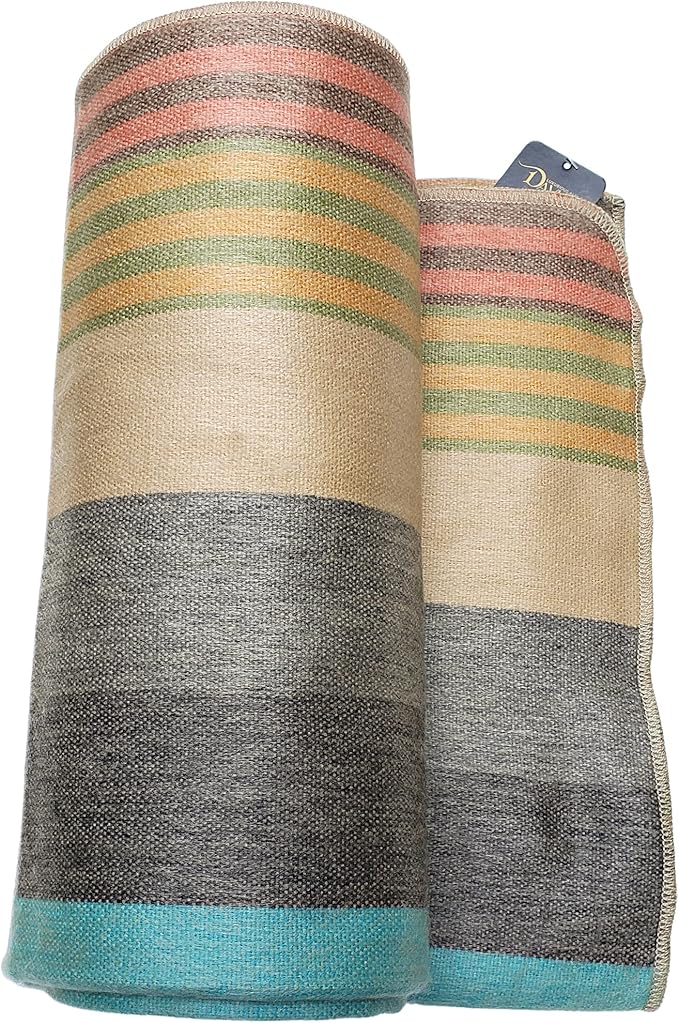 DAVLINA, Alpaca Wool Throw Blanket | Super Soft, Lightweight, Breathable and Hypoallergenic | Non-Itchy or Scratchy (Green Gray Varicolored, Striped)