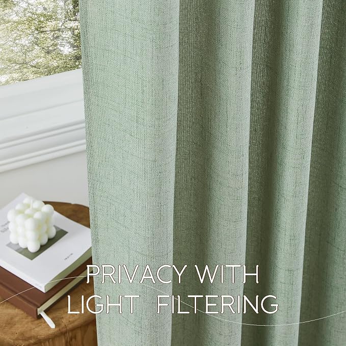 NICETOWN Sage Green Linen Blended Curtains 63 Inch for Bedroom, Light Filtering Semi Sheer Burlap Curtains Farmhouse Grommet Privacy Window Drapes for Living Room, 2 Panels (52 x 63 Inch)