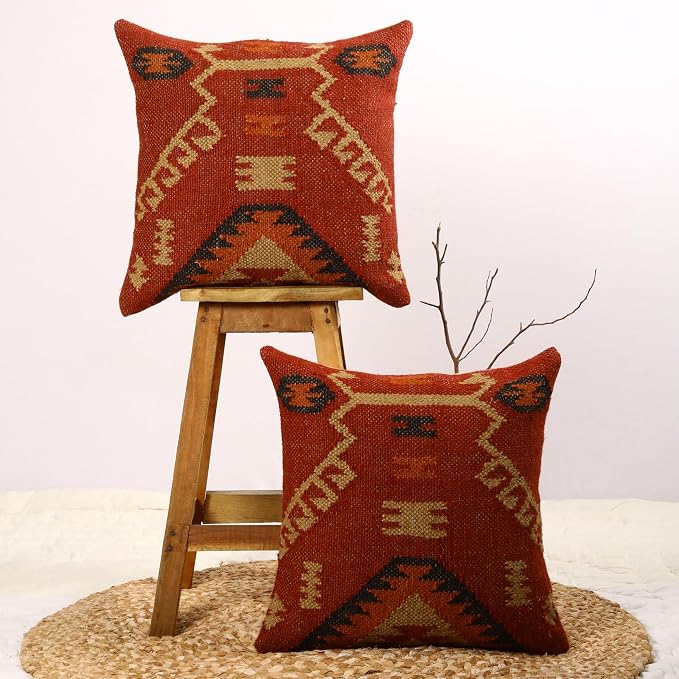 Trade Star Set of 2 Kilim Cushion Covers Handloomed Rug Decorative Cushion Cases Handwoven Pillowcases 18x18 Inches Throw Pillow Cover Designer Jute Wool Cushion Cover (Kilim 17)