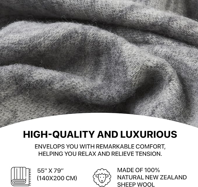 | Wool Blanket/Throw | 100% New Zealand Wool | Perfect for Home and Outdoors | Virgin Wool Blanket with Fringes 55"x79" (140 x 200 cm) (Gray Leaves)
