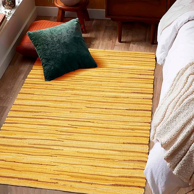 Ramanta Home 100% Cotton Hand Woven Tonal Chindi Rag Rug 3'x5' - Mustard, Recycled Reversible Rugs, Boho Rustic Farmhouse Rugs for Living Room, Dinning Room, Kitchen Floor Mats - 36"x60"