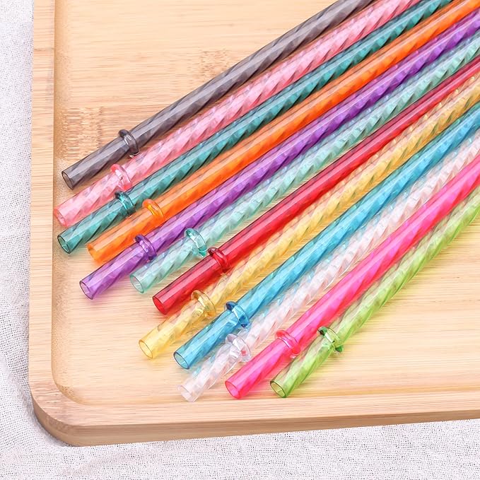 Dakoufish 11 Inch Reusable Clear Plastic Swirl Drinking Straws for 24 oz & 30 oz Jars/Tumblers,Set of 12 Pcs Replacement Straws with Cleaning Brush (11inch,12color)