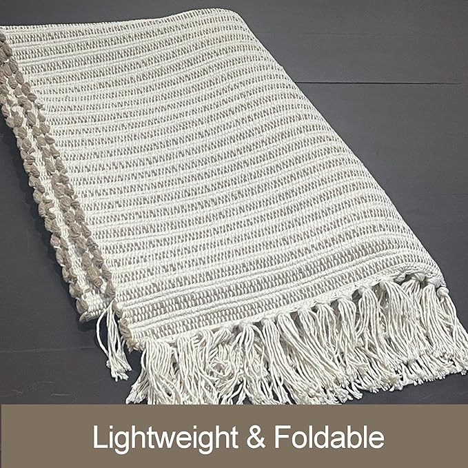 Chardin Home Beige & Ivory Providence Throw - 2x6 Feet | Hand Woven Farmhouse | Great in Kitchens, Entryways, Bathrooms & Meditation | Machine Washable & Reversible Cotton