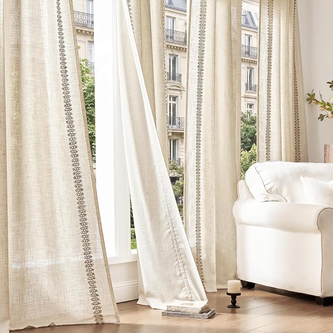 jinchan Beige Linen Blend Curtains with Woven Trim Boho Curtains 90 Inches Length 2 Panels for Living Room Bedroom Light Filtering 50 Inches Wide Rustic Farmhouse Drapes with Rod Pocket Back Tab Ecru