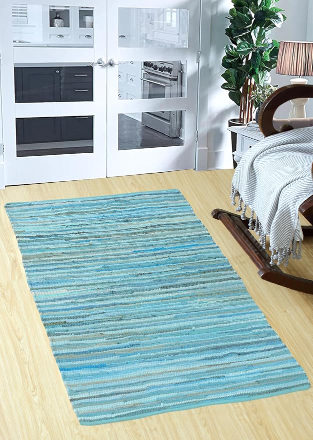 Handmade Cotton Chindi Rug Area Rag Washable Recycled Rugs for Home Décor, Living Room and Bedroom (Teal, 3X5 Feet)
