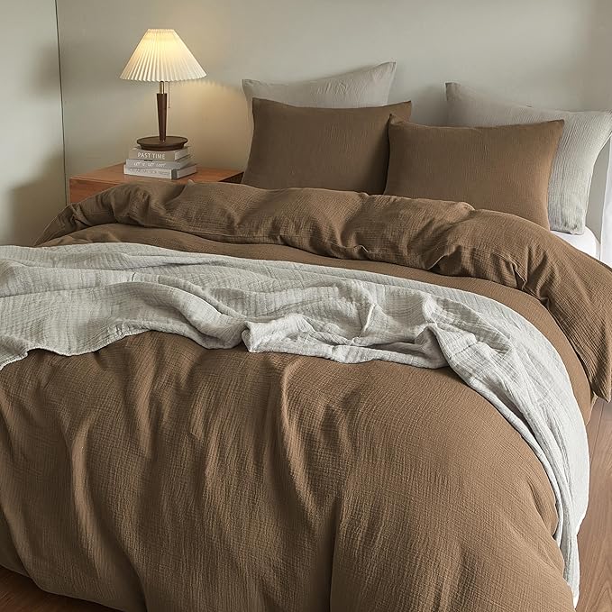 SE SOFTEXLY Muslin Duvet Cover Queen Size, 100% Washed Cotton Duvet Cover Set, Ultra Soft Comforter Cover Linen Like, 3 Pieces Minimalist Gauze Duvet Cover with 2 Pillowcases, 80"x90", Dark Brown