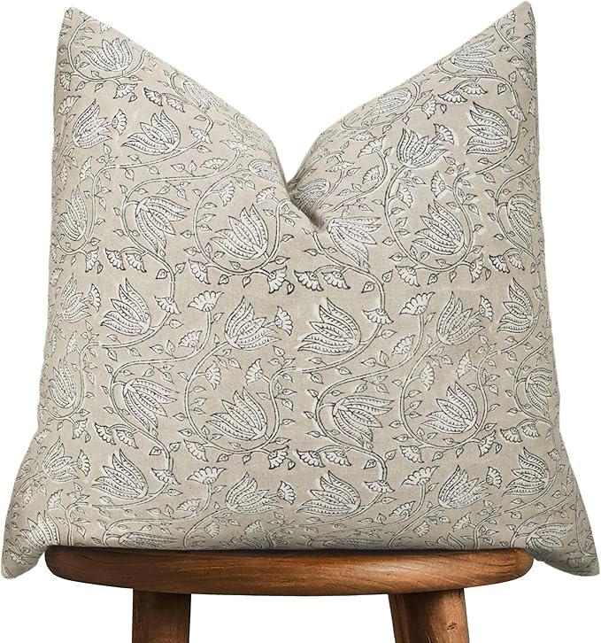 Hand-block printed, artisan-made neutral accent throw cushion cover- Thick cotton cushion for sofa, bed, chair, home decor, gifting, spring vibe, boho, indoor- Natalie (Tan Beige, 20" x 20")