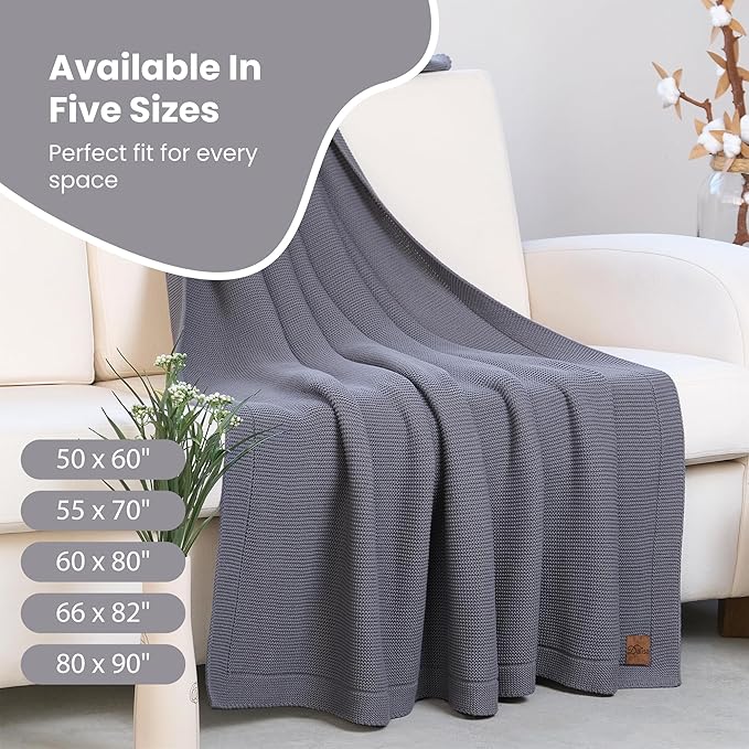Dalisa 100% Organic Turkish Cotton Throw Blanket - GOTS Certified, Cozy - Perfect for Couch, Bed, and Home Decor - Boho Vintage Knit Alina (Dark Grey, 60x80)