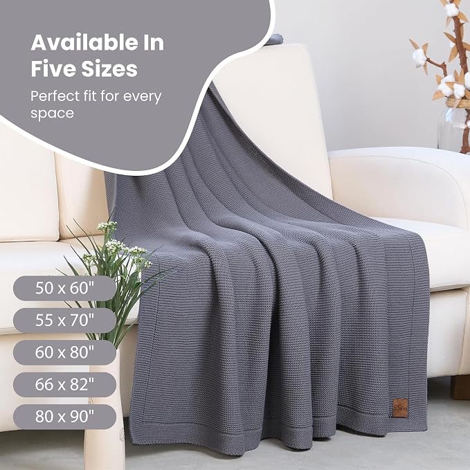 Dalisa 100% Organic Turkish Cotton Throw Blanket Dark Grey– GOTS Certified, Cozy, with Reusable Cotton Gift Bag – Perfect for Couch, Bed, and Home Decor – Boho Vintage Knit Alina (Dark Grey, 80x90)