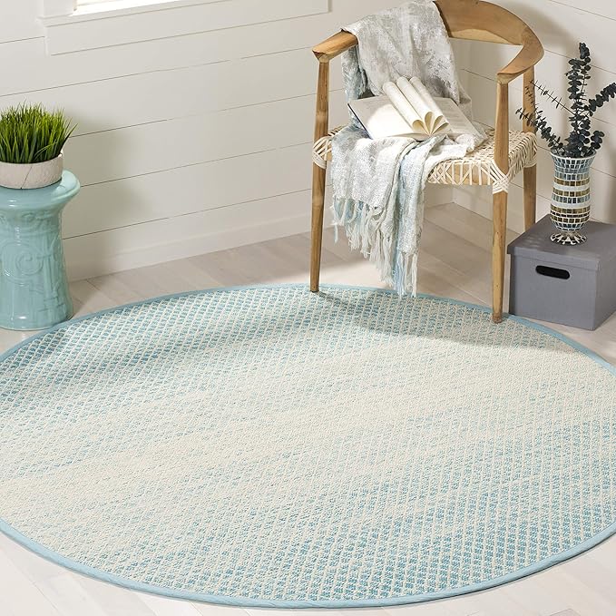 SAFAVIEH Montauk Collection 4' Round Turquoise/Ivory MTK601E Handmade Cotton Entryway Foyer Living Room Bedroom Kitchen Area Rug