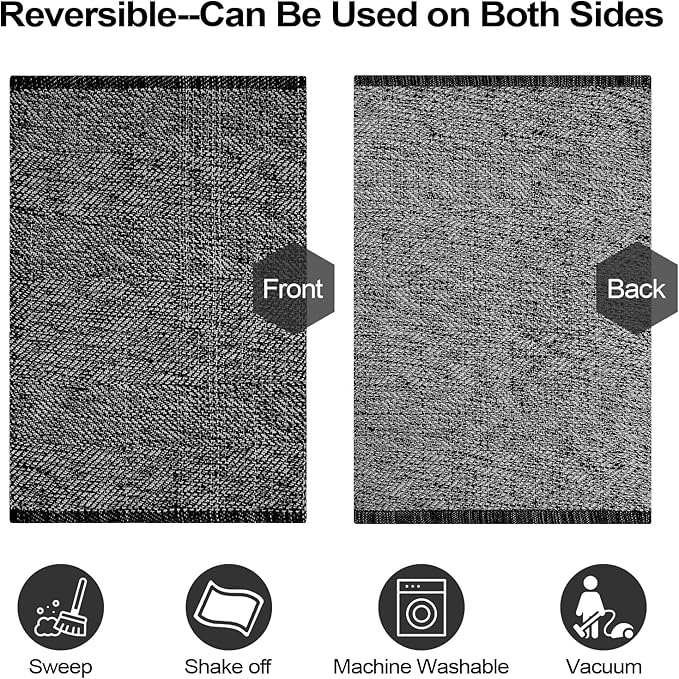 LEEVAN Washable Kitchen Rugs 2' x 4.3', Black Boho Bathroom Rugs Cotton Reversible Runner Rug, Farmhouse Entryway Rug Modern Bedroom Carpet for Foyer Laundry Proch Decor