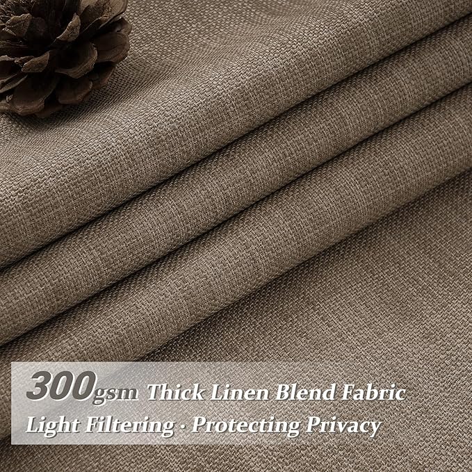 Pleat Dark Tan Ceiling Drapes 108 Inches Long 2 Panels Set for Living Room, Lush Decor Memory Shape Pinch Pleated Black Out Linen Blend Large Window Curtains Privacy with Hooks Rings for Office 9 FT