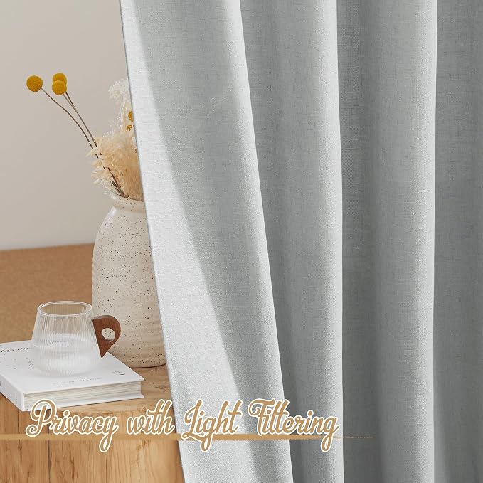 NICETOWN Linen Light Gray Curtains for Kids Room, Rod Pocket & Back Tab Top Flax Linen Weave Semi Sheer Window Treatments Privacy with Light Filtering for Living Room, W52 x L90, 2 Pieces
