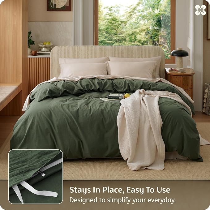 Bedsure Duvet Cover King Size - 100% Washed Cotton, Linen-Like Minimalist Bedding - PureWoven Plain Soft Comforter Cover for All Seasons, 1 Duvet Cover Only (Olive Green, 104" x 90")
