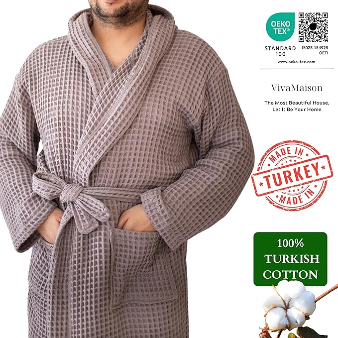 100% Turkish Cotton Men's Waffle Robe with Hooded, Premium Soft Cozy Housecoat or Quick-Dry Bathrobe for Mens