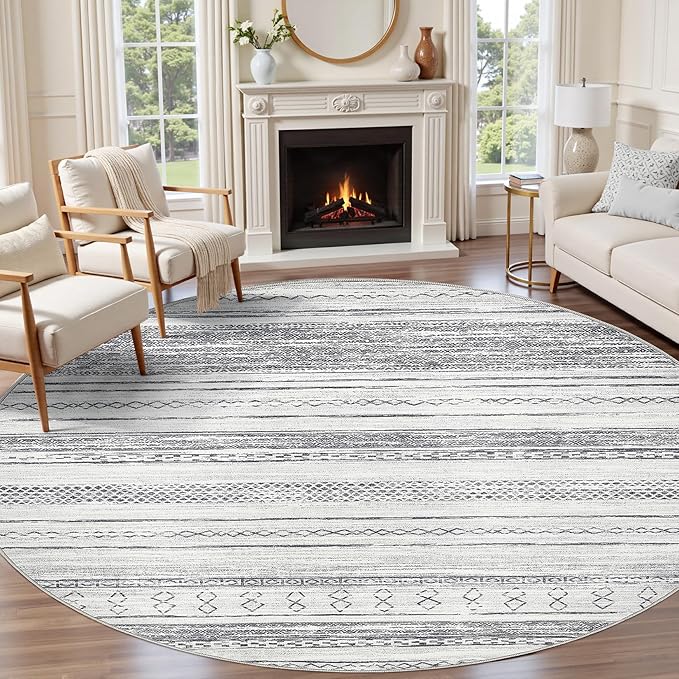 Tortania 8' Round Area Rug Living Room Rugs - Washable Large Soft Neutral Boho Moroccan Bohemian Farmhouse Rug Indoor Floor Carpet for Bedroom Under Dining Table Home Office Decor - Grey