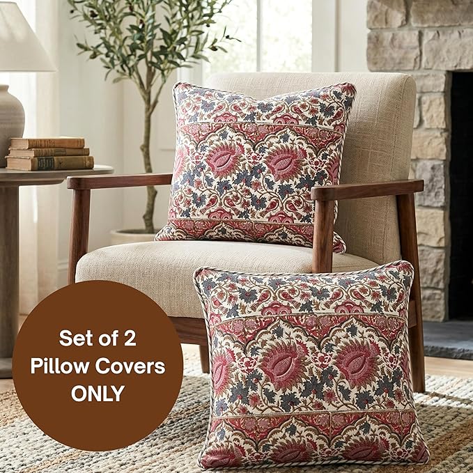 ATOSII Block Print Throw Pillow Covers, 24" X 24" - Set of 2, Decorative Couch Pillows for Living Room Bed Sofa, 100% Cotton Canvas Pillow Case for Home Decor & Outdoors, Preppy Throws - Bella