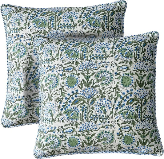 ATOSII Block Print Throw Pillow Covers, 20 X 20 - Set of 2, Decorative Couch Pillows for Living Room Bed Sofa, 100% Cotton Canvas Pillow Case for Home Decor & Outdoors, Preppy Throws - Clover Blue