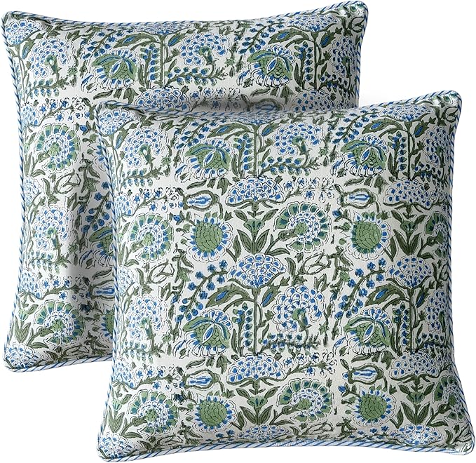 ATOSII Block Print Throw Pillow Covers, 24" X 24" - Set of 2, Decorative Couch Pillows for Living Room Bed Sofa, 100% Cotton Canvas Pillow Case for Home Decor & Outdoors, Preppy Throws - Clover Blue