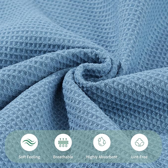 MICROFI Waffle Weave Bath Towel Set, Microfiber, 4 Pieces (Body/Hair/Hand/Face), Quick Dry, Lightweight, Super Absorbent, Lint Free, 380 GSM (Blue)