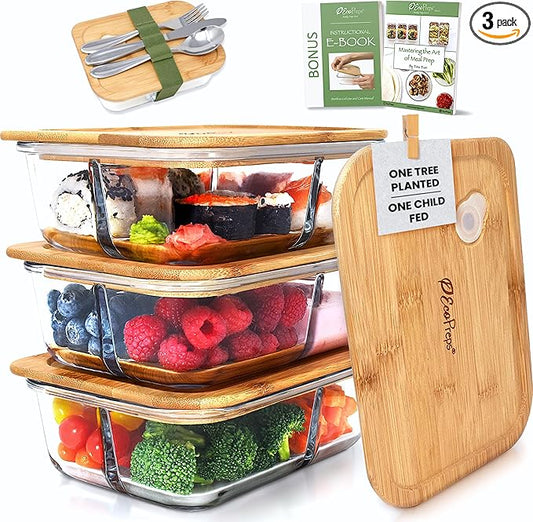 EcoPreps Glass Bento Box Containers with Bamboo Lids, 3 Compartment Glass Meal Prep Containers (3 Pack) - 100% Plastic Free, Eco-Friendly Lunch Container Set, Bamboo Lid Bento Boxes for Adults