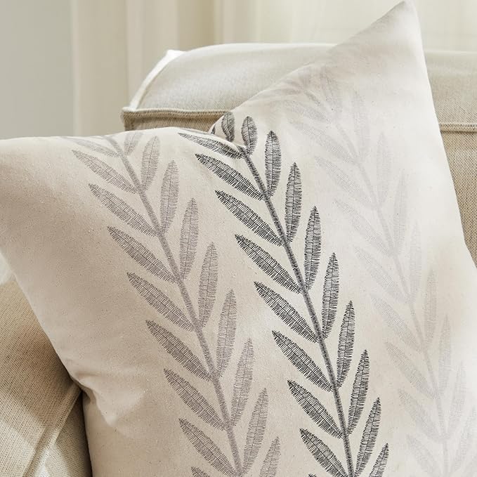 100% Cotton Farmhouse Leaves Throw Pillow Covers Set of 2, 22x22 Inch Mixed Grey Pastoral Decorative Print Cushion Covers for Sofa Bed Living Room Home Decor