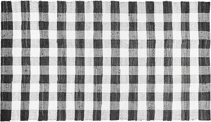 GLAMBURG Cotton Reversible Area Rug 3' x 5' Farmhouse Floor Mat, Handwoven Washable Carpet Checkered Plaid Rug for Front Porch Living Room Kitchen Bedroom - Black White