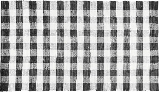 GLAMBURG Cotton Reversible Area Rug 3' x 5' Farmhouse Floor Mat, Handwoven Washable Carpet Checkered Plaid Rug for Front Porch Living Room Kitchen Bedroom - Black White